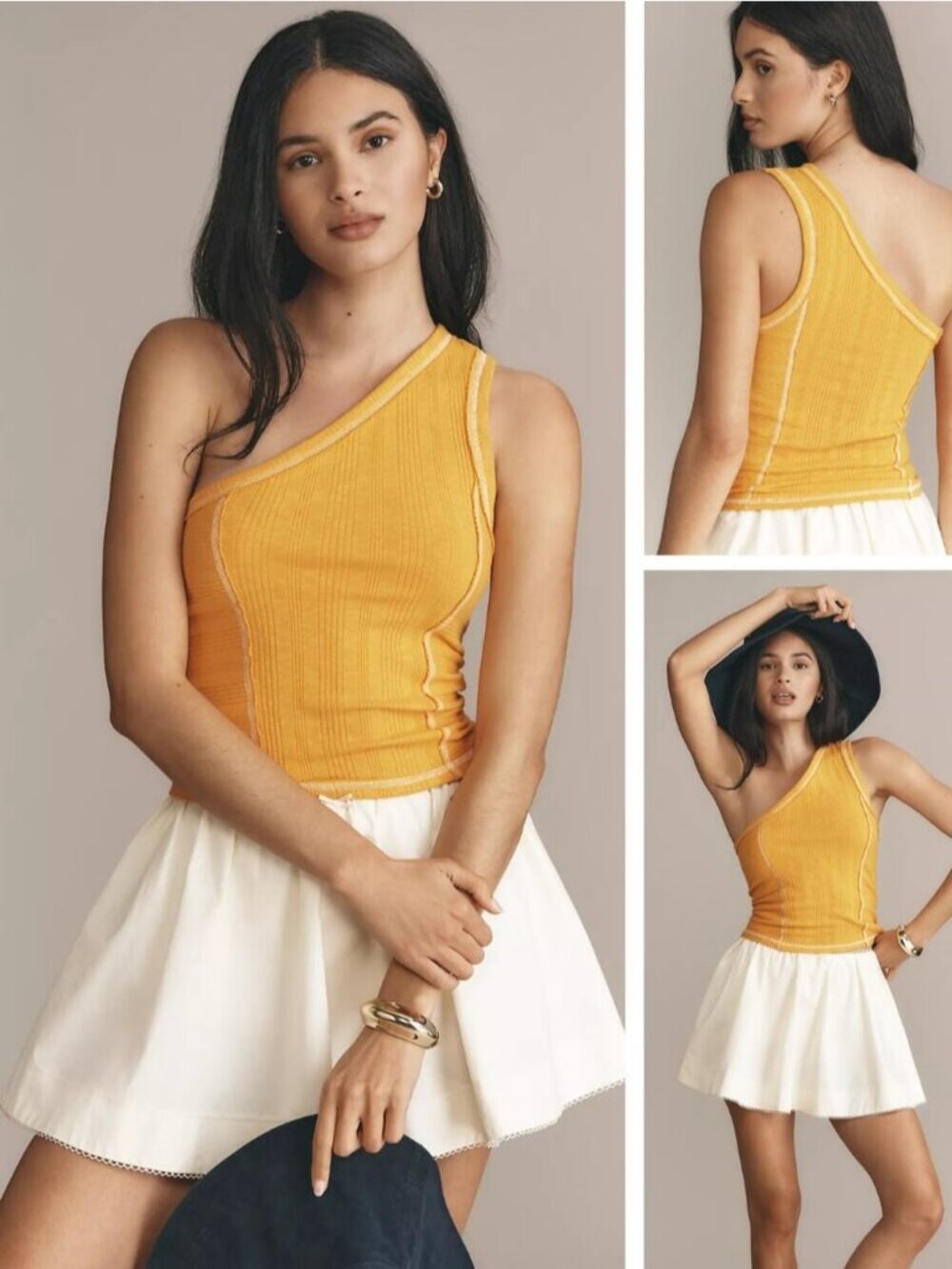 NWT PILCRO Anthropologie Banded One-Shoulder Knit Top Size Small Yellow / White
